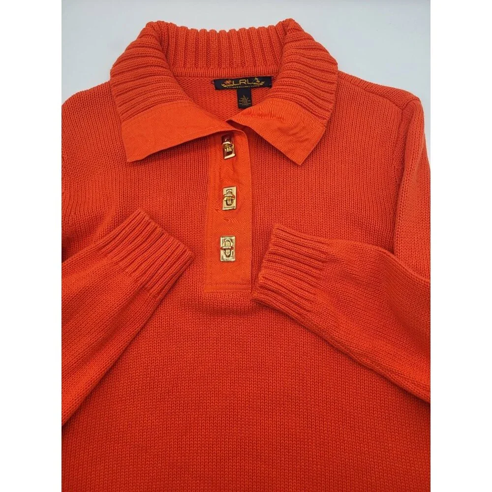 LRL Lauren Ralph Lauren Women L Orange Sweater Gold Turn Lock Preppy Old Money - Picture 1 of 6